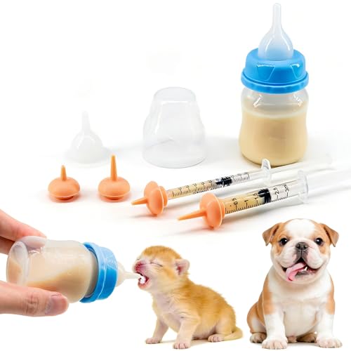 YeulYuuri Pet Feeding Bottle and Syringe Set for Puppies and Kittens(1 Bottles,2 Syringes,6 Nipples), Blue