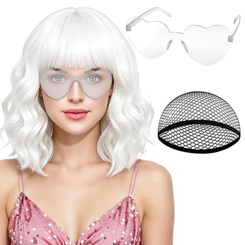 PLULON White Curly Bob Wig Heart Sunglasses for Women Colored Wavy Wigs with Bangs Funny Synthetic Hair with Hair Cap Fashion Accessories for Bachelorette Christmas Party Cosplay Halloween Costume