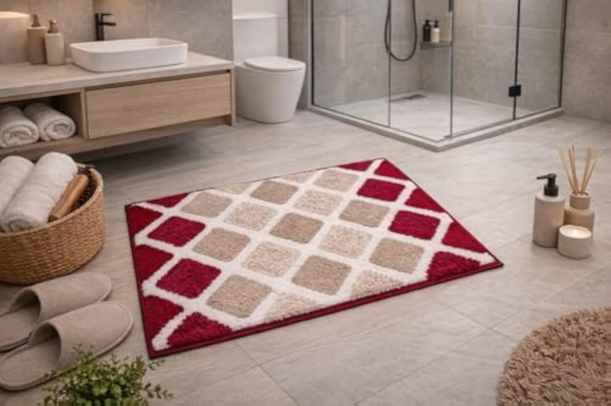 Microfiber Shaggy Red Diamond Pattern Bath Mat