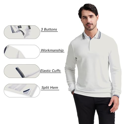 Men's Pique Polo Shirts Long Sleeve Cotton Blend Tipped Casual Collared Polo Shirts Business Classic Fit4