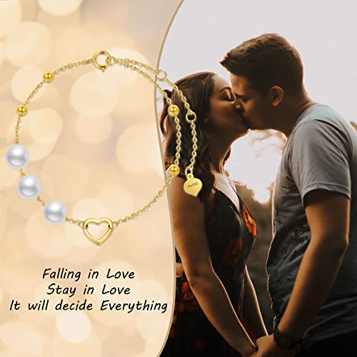 Solid 14kt Gold Heart Bracekets, Simple Gold Handpicked Culturead Pearl Heart Bracelet Jewelry for Women, Mom Wife Girlfriend, 6"-8"2