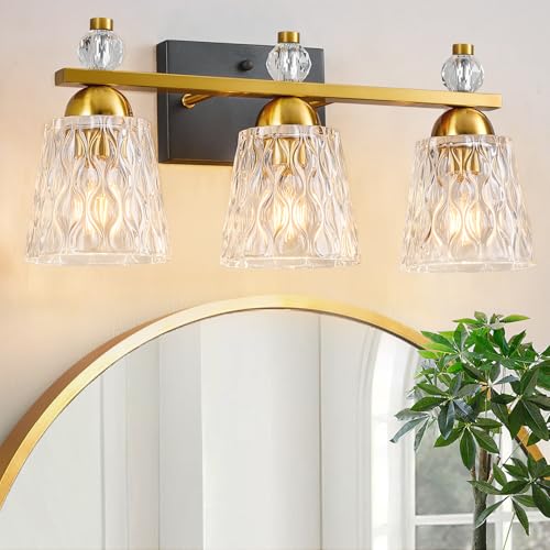 Image of 3 Light Bathroom Vanity Light, Black Gold Bathroom Light Fixtures with Textured Glass Shades Modern Vanity Lighting Wall Mount Over Mirror