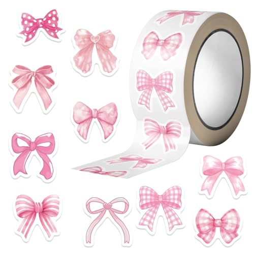 500 PCS Pink Bow Stickers Roll 10 Assorted Designs 1 Inch Cute Aesthetic Vinyl Bow Decals Waterproof Self-Adhesive Stickers for Scrapbooking Water Bottles Laptop Gift Wrapping & Craft Supplies