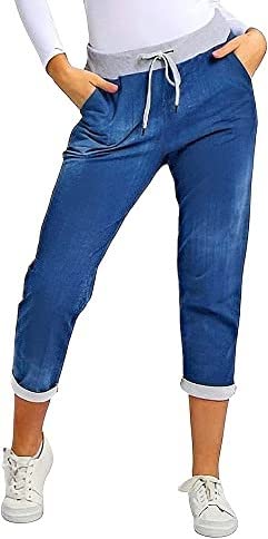 Pantalon de jogging en jean femme imprimé étoiles floral côtelé taille élastique