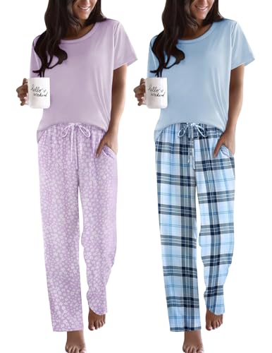 Image of Ekouaer 2 Pack Pajamas for Women Set Short Sleeve Sleepwear Top and Pants Pjs Soft Printed Lounge Sets with Pockets