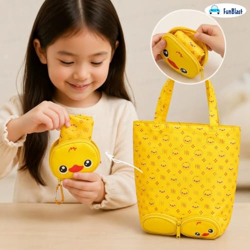 Image of FunBlast Foldable Shopping Bag - Cartoon Design Carry Bag with Zipper Pouch, Foldable Tote Bag for Girls & Women, Multipurpose Reusable Pouch Bags, Lightweight Travel Handbag with Handle Strap (Duck)