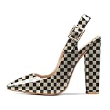 Eldof Chunky Heels for Women Slingback Pointed Toe Block High Heel Pumps Ankle Strap Pumps Shoes 4.7 Inches Checkered Beige US Size 8