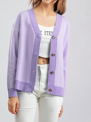 Image of ZAFUL Women's Striped Cardigan Button Up Open Front Knit Oversized Sweater | Button down, Soft chunky knit, Lightweight, Loose fit, Long lantern sleeve, Casual Daily Going Out, Fall Winter Outfits