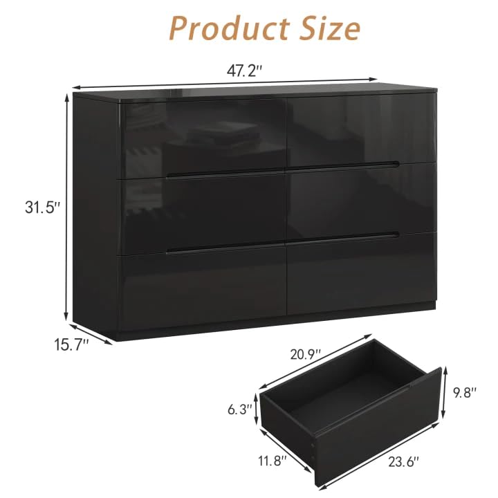 Image of High Gloss Dresser for Bedroom, 47.2 inch Wide 6 Drawer Dresser, Black