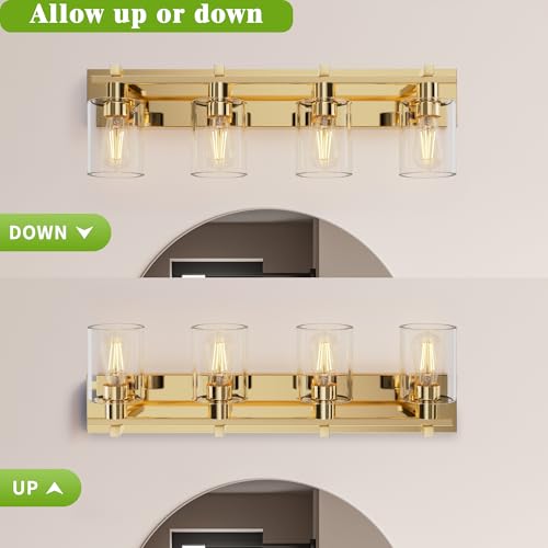 Image of Bathroom Vanity Light, 4 Light Gold Light Fixture with Thickened Clear Glass Shade, 24 inch Modern Wall Sconce,Vanity Light Over Mirror for