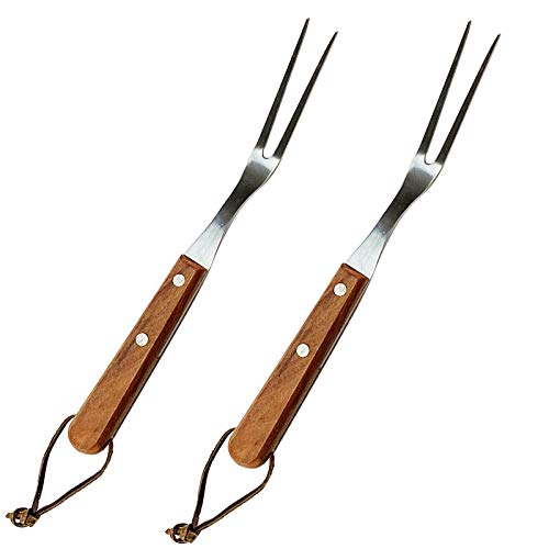 VOJACO [2 Pack] Meat Fork, Stainless Steel Meat Carving Fork, BBQ Barbecue Fork with Wooden Handle, Professional Classic Metal Cooking Curved Fork for Chicken, Beef, Pork, Turkey (10 inch)
