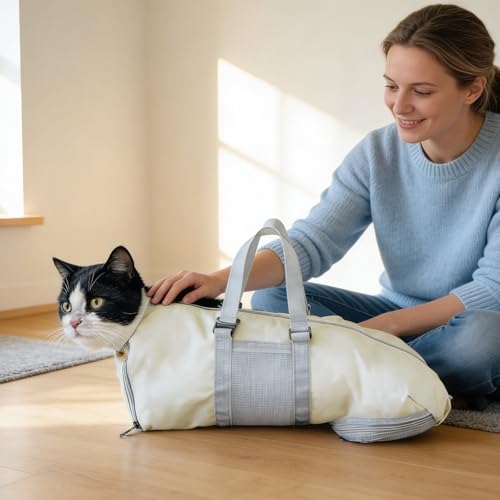 Image of Cinf Cat Nail Clipping Cleaning Grooming Restraint Bag （Free Muzzle） No Scratching Biting for Bathing Nail Trimming Injecting Examining((Beige Gray,M)