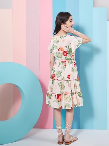 Image of Pspeaches Girl's Floral Printed Flared Sleeves Tiered Fit & Flare Dress Casual Wear Stylish & Trendy Choice