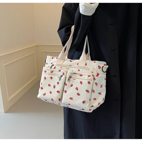 Image of Women Strawberry Bags, Corduroy Everyday Tote Bag Kawaii Shoulder Purse Handbag Crossbody Work Bag