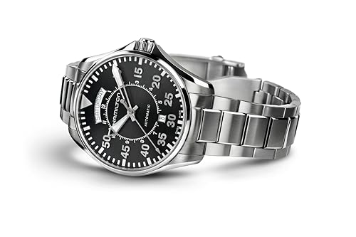 Image of Hamilton Khaki Aviation Automatic Men's Watch, 42mm Stainless Steel Case, Swiss Made, Black Dial Analog Wrist Watch for Men, 100m Waterproof, Sapphire Crystal, Stainless Steel Strap