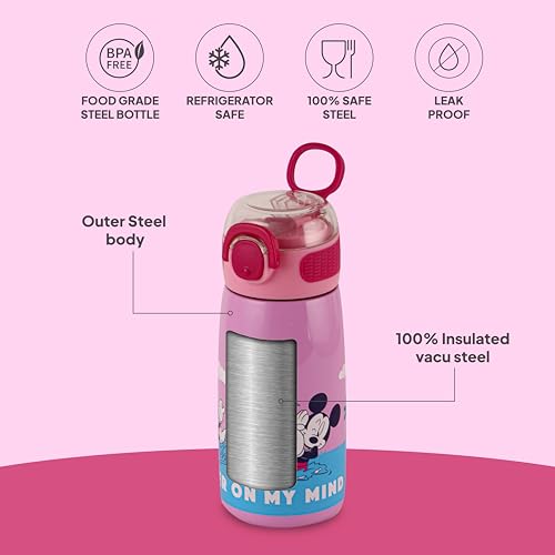 Image of Cello Kidzbee Flare 450 Insulated Stainless Steel Sipper Water Bottle 444 ml, Light Pink | Mickey Minnie Cartoon Design Hot & Cold Bottle | Vacuum Insulated Leakproof Easy to Carry Bottle for Kids