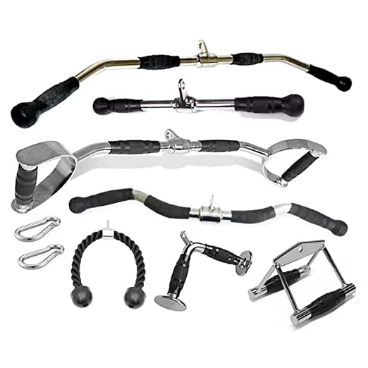 Fitness Gali Cable Machine Attachments Combo; High Pulley LAT Bar, D Handle, Zig zag Handle, Straight bar/Triceps Handle, Safety Locks (Machine Attachment).-image-29