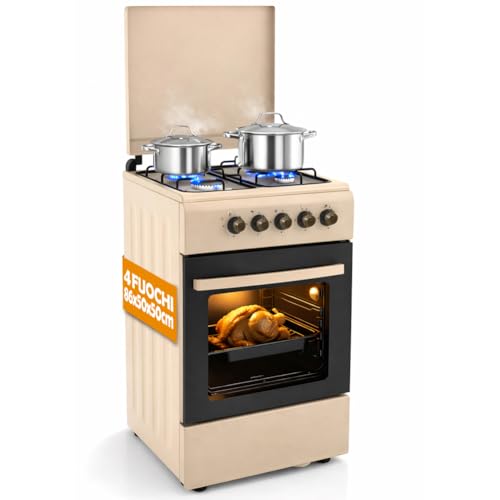 BAKAJI Cucina da Esterno Alimentazione a Gas con Forno e 4 Fuochi, Cucinino con Bruciatori e Griglie Rimovibili in Ghisa con Mobile e Accensione Ergonomica, Ideale per Esterni ed Interni (Beige)