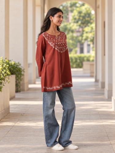 Image of QAZMI Women's Azra Kashmiri A-Line Full Sleeves Viscose Rayon Short Kurti
