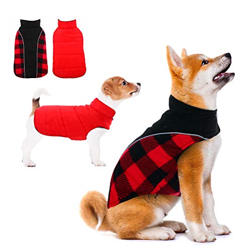 Dog Warm Winter Coat Reversible Cold Weather Jacket for Small Medium Large Dogs, Cozy Waterproof Windproof Plaid Vest, Adjustable Reflective High Collar Dog Hiking Outdoor Thicker Fleece Clothes