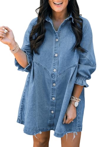 Image of Sidefeel Womens Smocked 3 4 Sleeve Button Down Denim Jeans Dresses