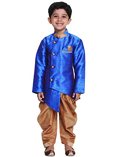 Image of JBN Creation Boys' Deep Firoja and Rose Gold Silk Blend Sherwani and Dhoti Pant Set JBNBIW014AQnCDRG 30