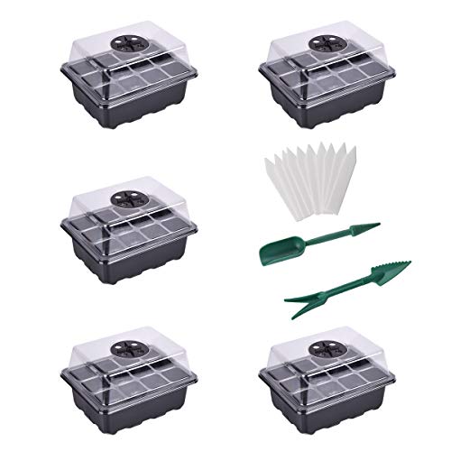 YSBER 5-Pack Seed Starter Tray Kit 60 Cells Humidity Adjustable Plant Starting Kit with Dome and Base Greenhouse Grow Trays Mini Propagator for Seeds Growing (Black/5pack, 12 Cell)