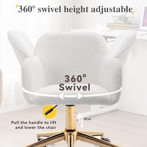 Image of FOXHUNTER Vanity Chair with Wheels 360 Swivel, Teddy, White | Home Office Desk Chairs,Adjustable Height Accent Chair for Living Room,Bedroom