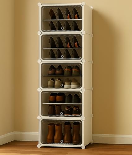 Image of Zemic Plastic Shoe Rack for Home | ๐-๐๐จ๐จ๐ซ ๐๐-๐๐ก๐๐ฅ๐ Shoe Organizer with Doors ๐๐๐ ๐ง๐๐ญ๐ฌ for Heels, Boots, Slippers Chappal Sandal Shoe Stand | DIY Multiuse ๐๐ก๐ข๐ญ๐ Storage Rack