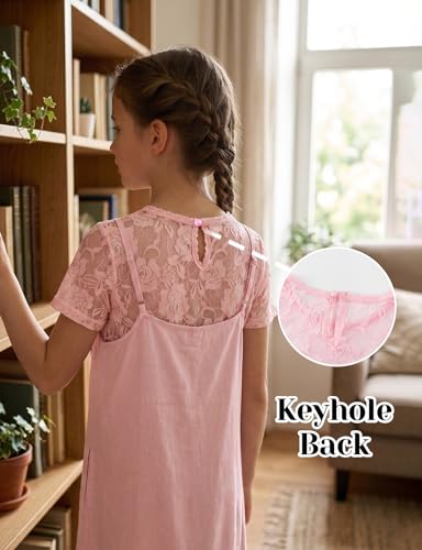 Image of Noomelfish Girls Lace Short Sleeve Layering Tops Sheer Mesh Tee Shirts Blouse (5-12 Years)