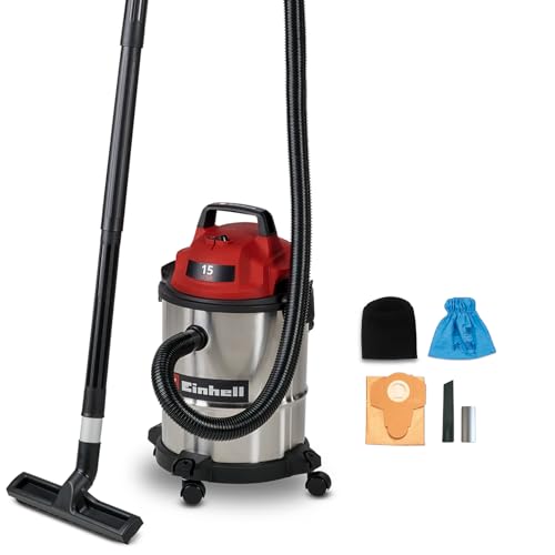 Einhell Wet and Dry Vacuum Cleaner 900W, 180 Mbar Suction Capacity, 15L Stainless Steel Rollers, Accessory Bracket including Various Filters and Nozzles TC-VC 1540 S