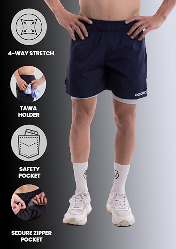 Image of COITONIC 2 in 1 Active Dual Black Shorts with Inner Tights Layer | Men's Double Layer Short for Running, Gym & Sports