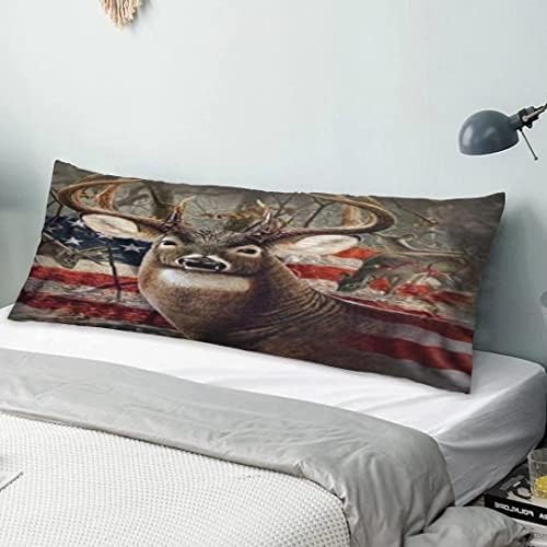 US Flag with Deer Forest Body Pillow Cover Americana Flags Deer Elk Animal Long Pillow Case Protector With Zipper Rectangle Soft Large Pillow Cases Covers For Bedding,Couch,Sofa,Home Gift 20"x54"