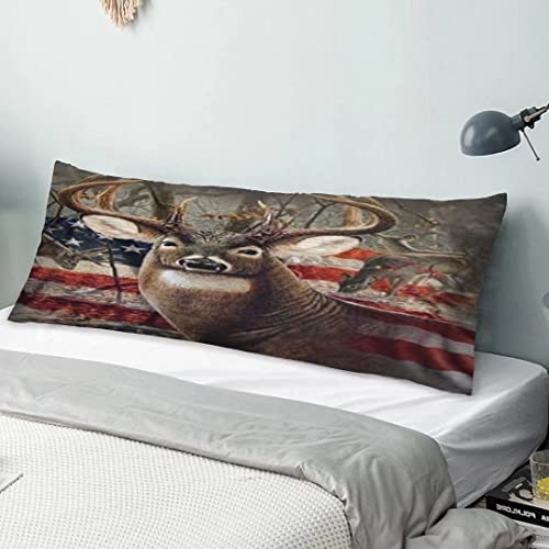 Us Flag With Deer Forest Body Pillow Cover Americana Flags Deer Elk Animal Long Pillow Case Protector With Zipper Rectangle Soft Large Pillow Cases Covers For Bedding,Couch,Sofa,Home Gift 20"X54" #TOP4
