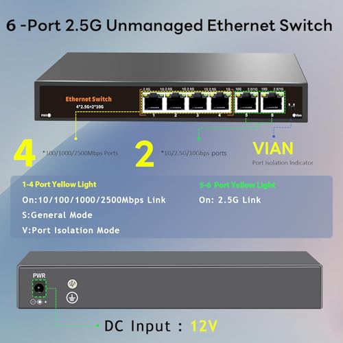 Image of 10G Unmanaged Ethernet Switch with 2 x 10G RJ-45 Uplink Port and 4 x 2.5G Base-T Ports Compatible with 100 /1000 /2500Mbps, One-Key WLAN, Fanlesss Plug & Play, Metal 2.5Gb Network Switch