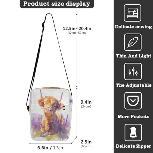 Lovely Brown Scottish Highland Cattle with Lavender messenger bag for women Crossbody Bags For Women Womens Casual Purses Adjustable Strap for Outdoor Daily Casual3