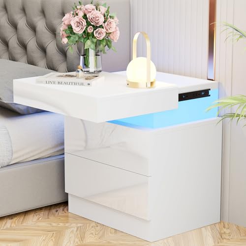PIPIPOXER Table de chevet avec lumière LED, blanc brillant, avec 2 tiroirs, espace de rangement...
