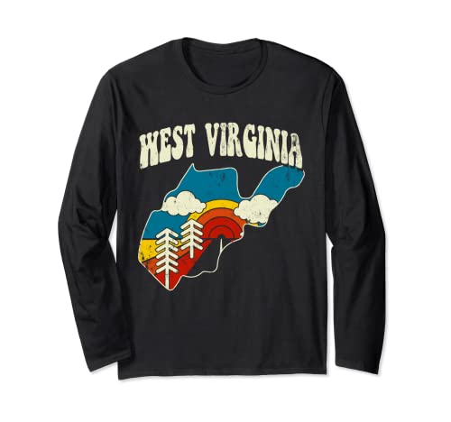 West Virginia Vintage State Rainbow Hippie Retro 70s Mapa Manga Larga