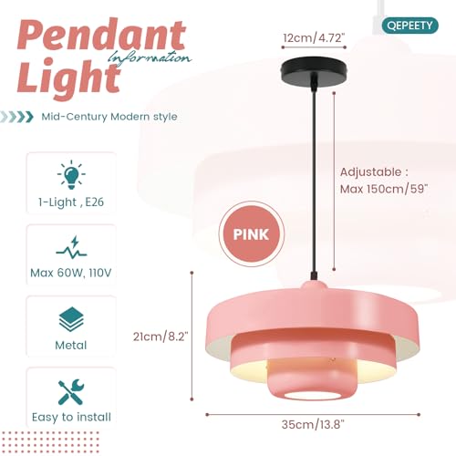 Image of 2-Pack Adjustable Pendant Lights, Scandinavian 3-Layer Pink Metal Pendant Lamp, 59 Inch Adjustable Wire Hanging Light, E26 Base for Kitchen Island Kids Room