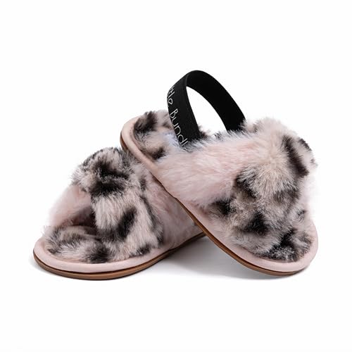Macouba Little Bundles Girl Baby Slippers 6-12 Month | Pink fuzzy slippers for Girl - Pink Leopard print slippers Baby booties - Cozy House Slippers for baby | 6-12M