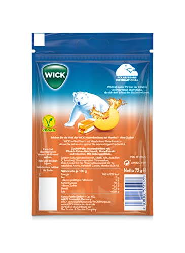 WICK IceTea Pfirsich Hustenbonbons mit kühlendem Menthol und Mate-Extrakt, ohne Zucker - 1er Pack (1 x 72 g)
