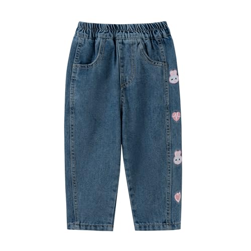 Toddler Little Girls Embroidery Barrel Jeans Kids Casual Denim Joggers Soft Relax Fit Ankle Length Trousers 24M-7Y