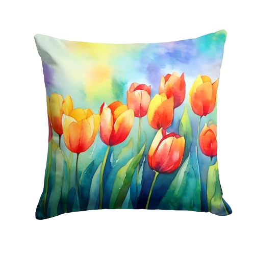 Caroline's Treasures Tulips in Watercolor Throw Pillow Machine Washable, Indoor Outdoor Decorative Pillow for Couch, Bed or Patio, 18Hx18W