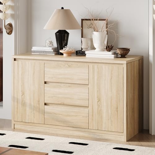 FUNISIR NFC-Lock Storage Cabinet, Floor Organizer Cabinet with 3 Drawers & Hidden Tray, Modern Buffet Sideboard with Flip-Top & Dual 4-Tier Hidden Shelves for Home Office, Wood Color