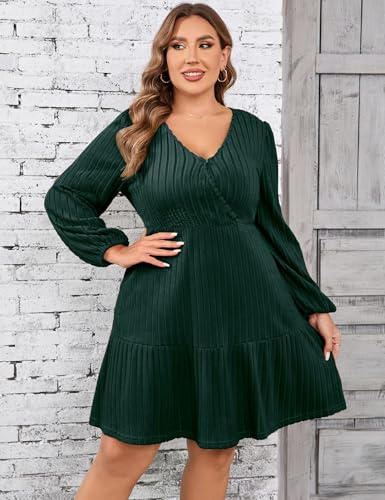 Image of Women's Plus Size Casual Sweater Dress Square Neck Long Lantern Sleeve Tie Waist Loose Pullover Sweater Dresses