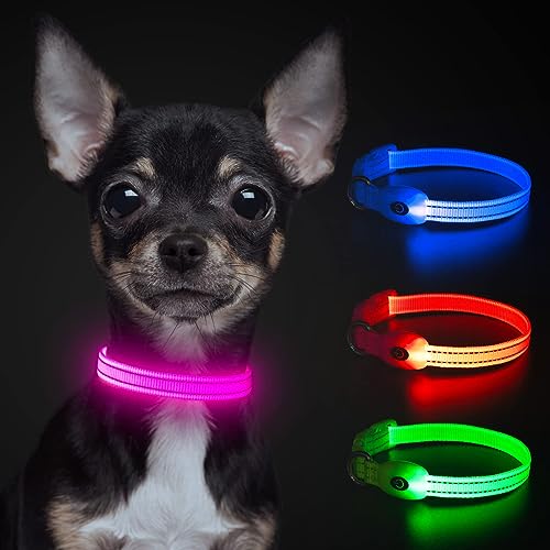 Wiederaufladbares LED-Welpenhalsband, YFbrite LED-Katzenhalsband, Bequem Leuchtende Welpenhalsbänder, Verstellbares Reflektierendes Welpen-Gehlichthalsband für Sicherheit (Rosa, XS)