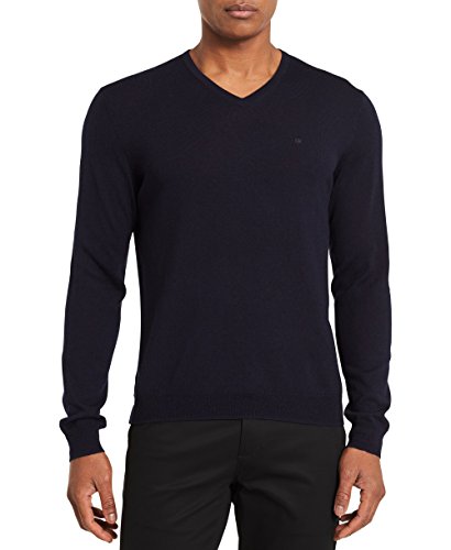 Calvin Klein Men's Merino Solid V-Neck Sweater, Roma Navy, Medium