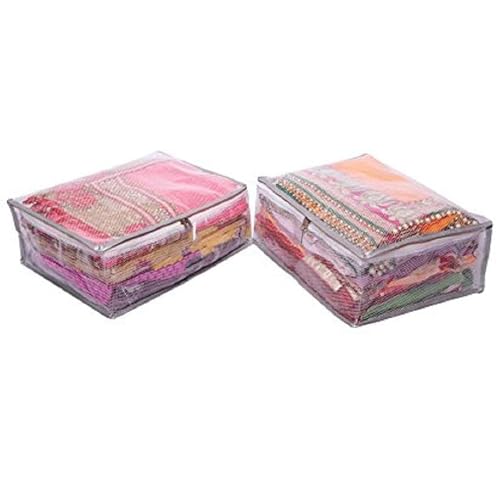 Image of Kuber Industries Polyvinyl Chloride Pack of 4 Saree Cover | Dress Packing Bags with Zip | Saree Pouches for Storage | Clothes Organizer for Wardrobe | Silver Lace | Transparent, 40cm, 30cm