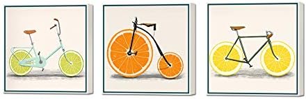 ArtBones Lemon Bike Bicycle Picture Canvas Wall Art Kitchen Orange Fruit Food Pictures Wall Painting Stretched Framed Giclee Art Print Restaurant Home Dining Room Wall Decoration 12"x12"x 3 Panels