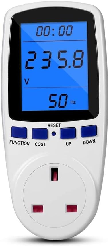 Power Meter Energy Monitor Plug, Tapsin Energy Monitor Backlight LCD Display UK Plug with 7 Monitoring Modes Overload Warning Wattage Volt Amp KWH Meter Analyzer Socket